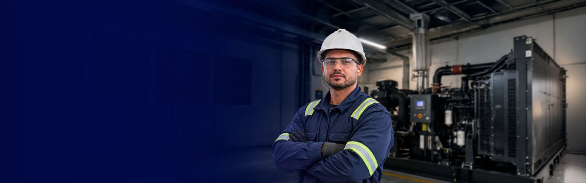 Técnico da Pantanal Geradores ao lado de um grupo gerador em Mato Grosso