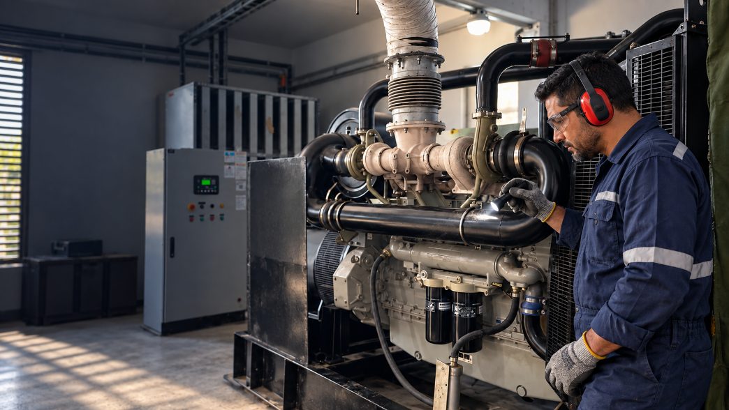 Técnico inspecionando um grupo gerador